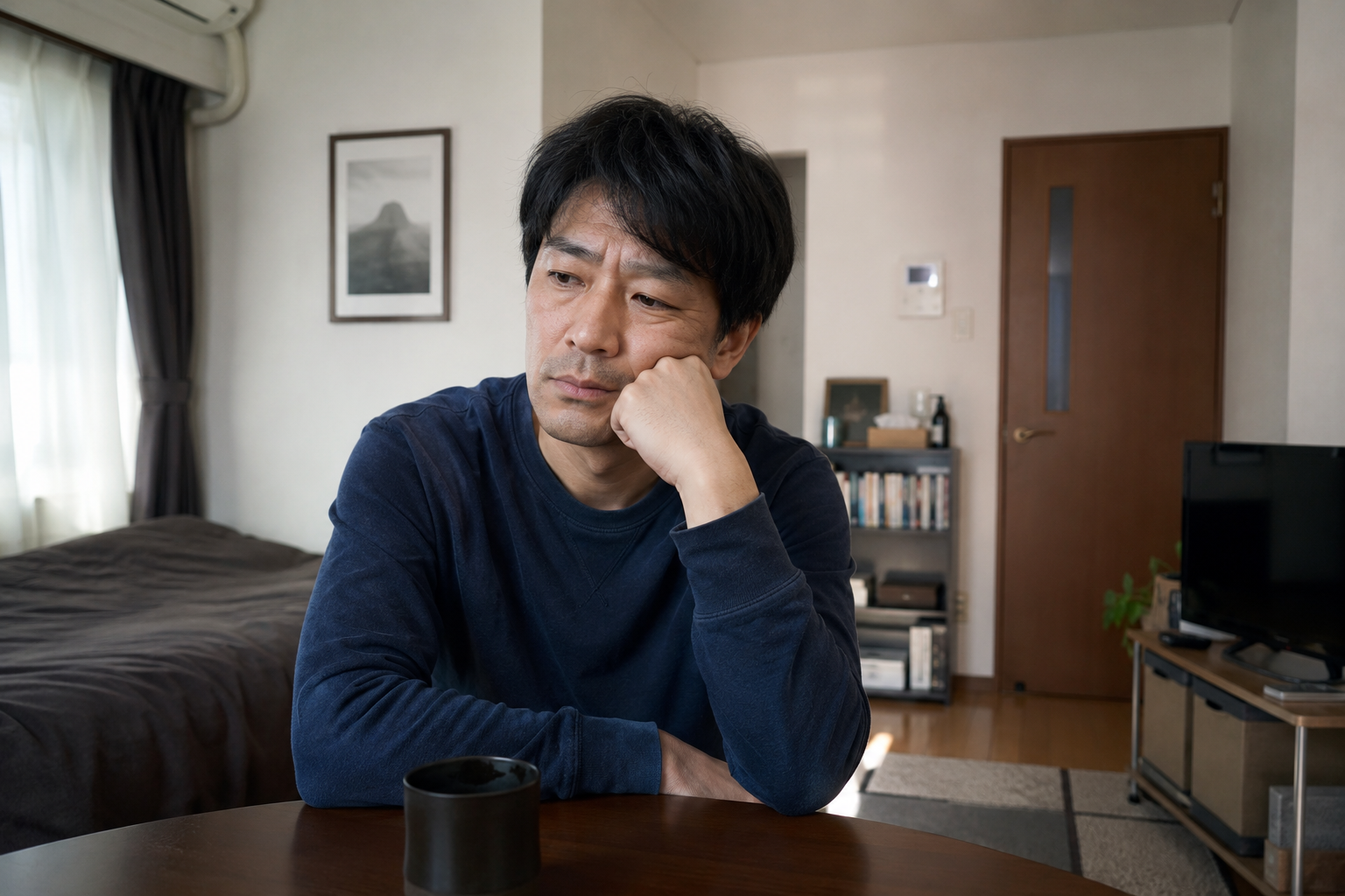 部屋で考え込む30代から40代の日本人男性