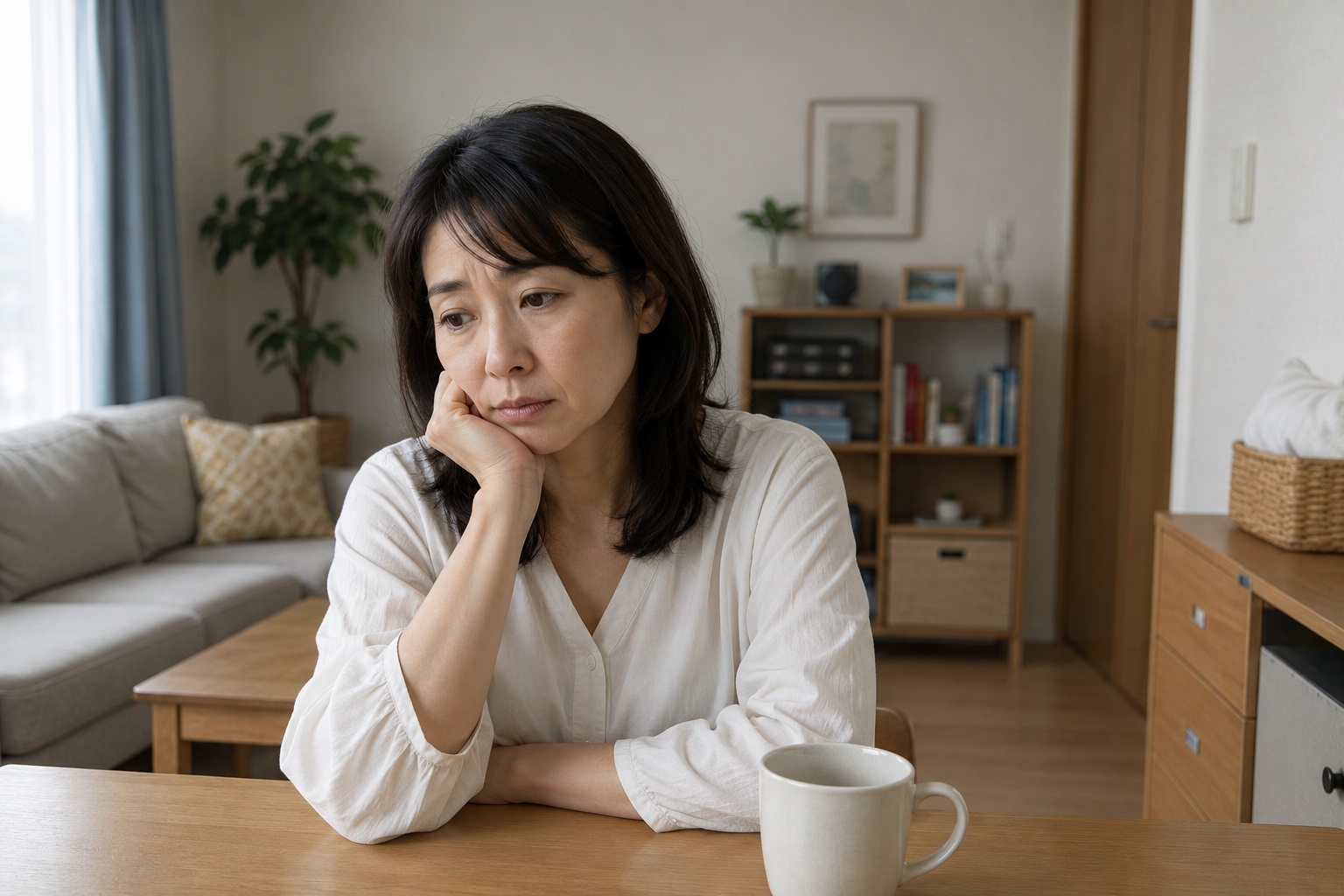 自宅で不安そうに考える30代から40代の日本人女性